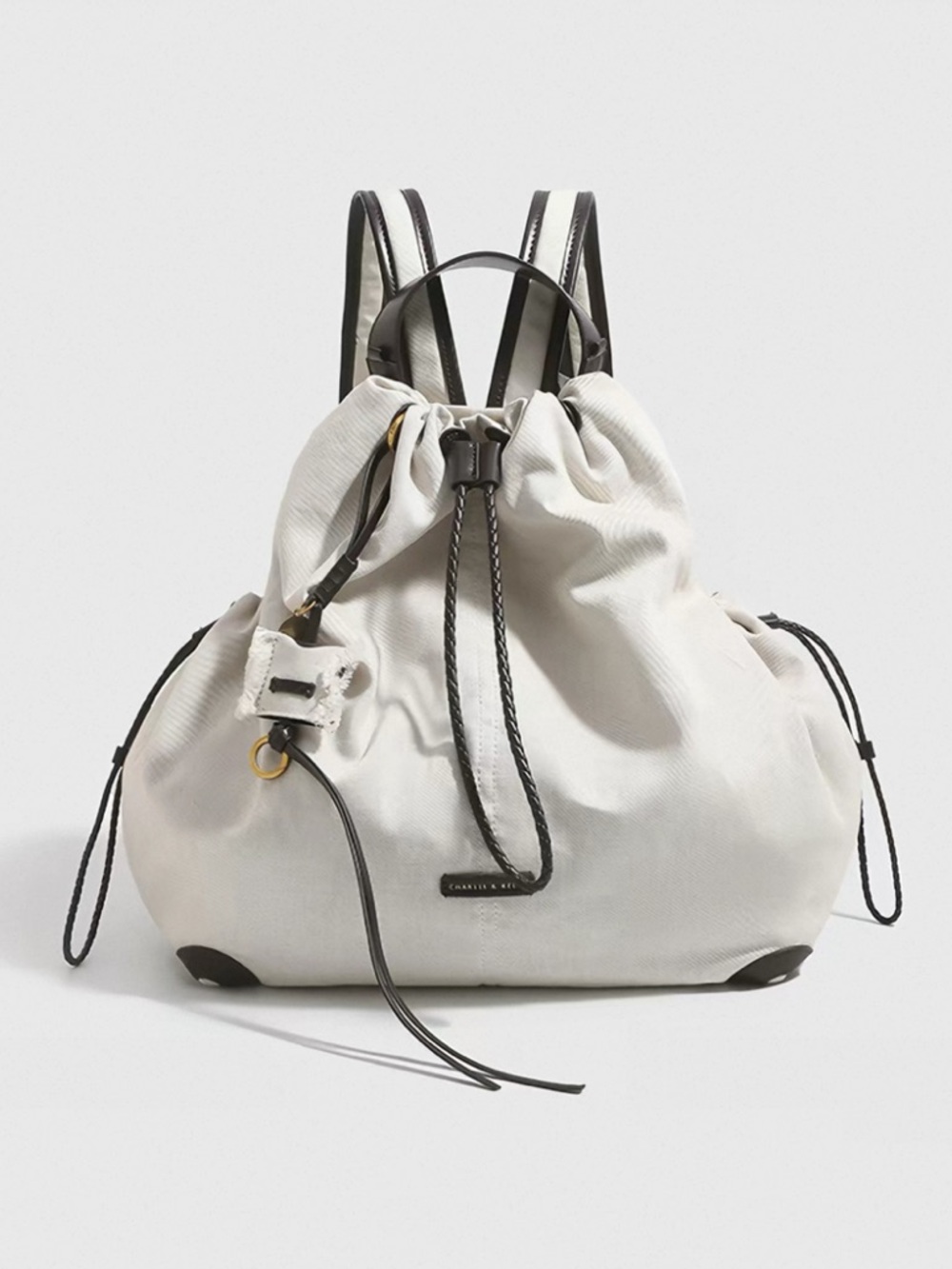 Songmont Canvas & Leather Bucket Bag with Wooden Bead Charm — Beige